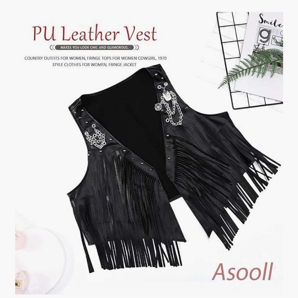2 Pc Black Fringe faux‎ leather Vest Punk Vests Jacket& Skirt  for Women